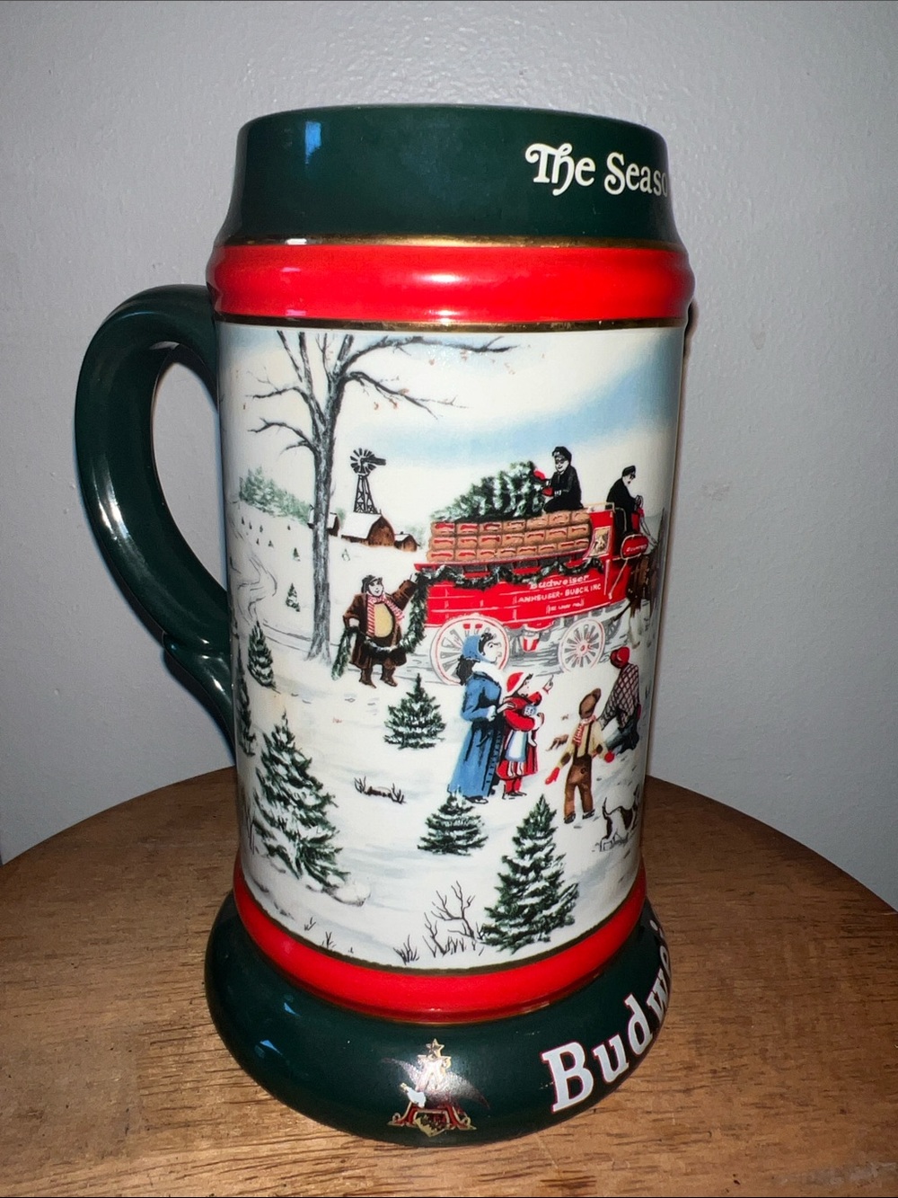 Budweiser Red, Green, White Holiday Stein with Winter Wagon Scene
